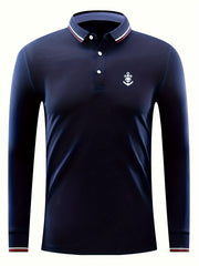 Skull Anchor Print Men's Polo Shirt Lightweight Long Sleeve Top