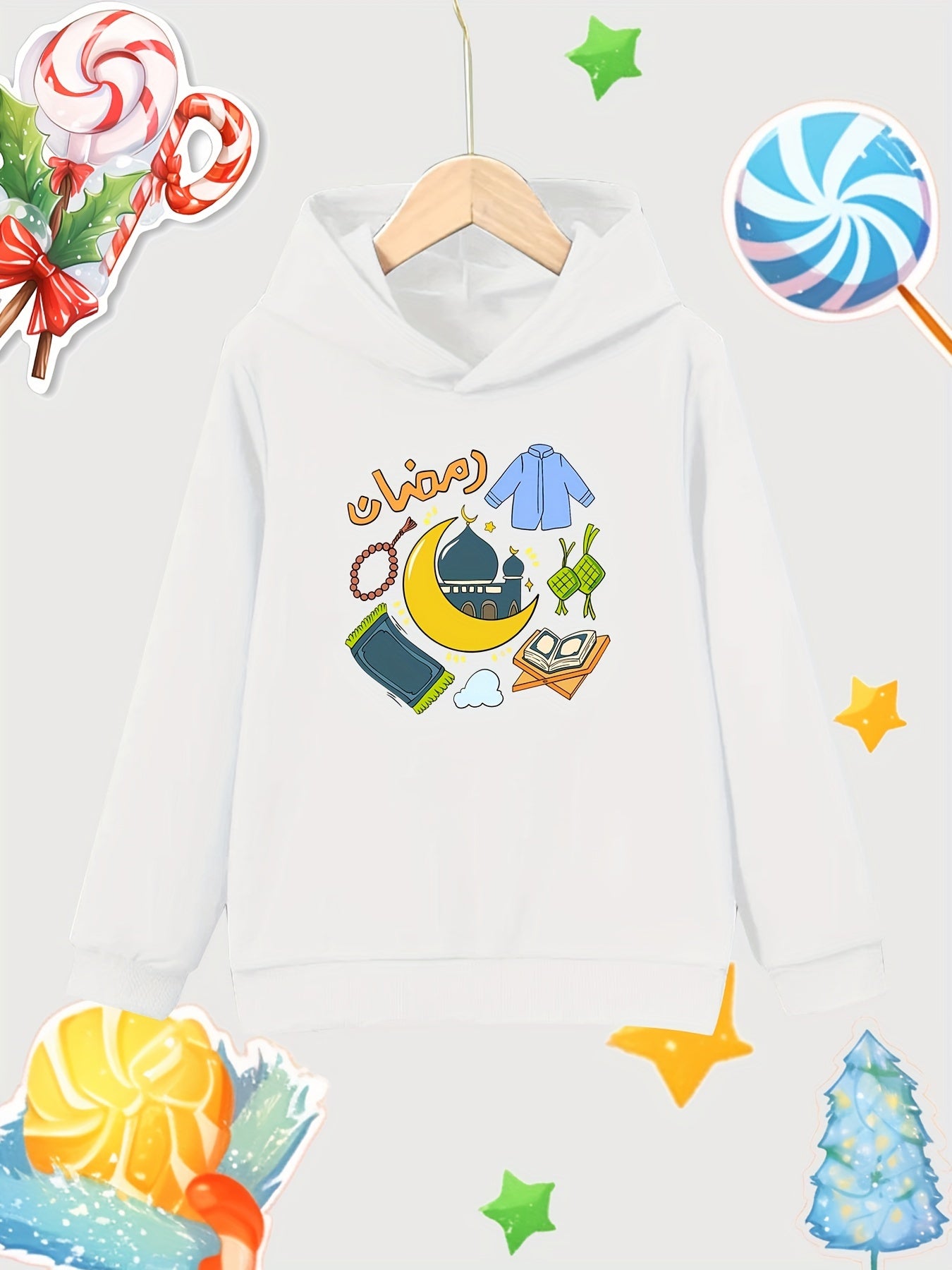 Moon & Items Pattern Girl's Cotton Hoodie Active Slightly Stretch
