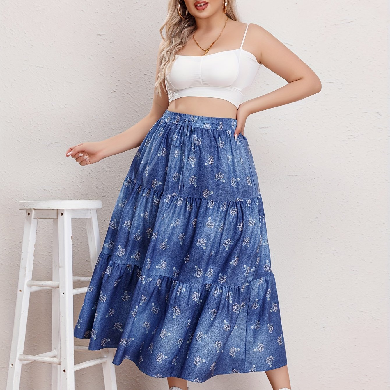  Floral Print Drawstring Elastic Maxi Skirt