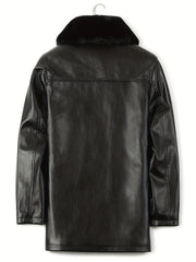 Men's Fleece PU Jacket Fur Collar Button Up Leather Jacket