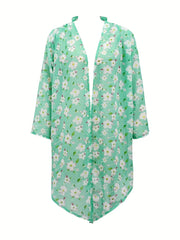Long Sleeves Floral Print Loose Fit V Neck Cover Up Shirt