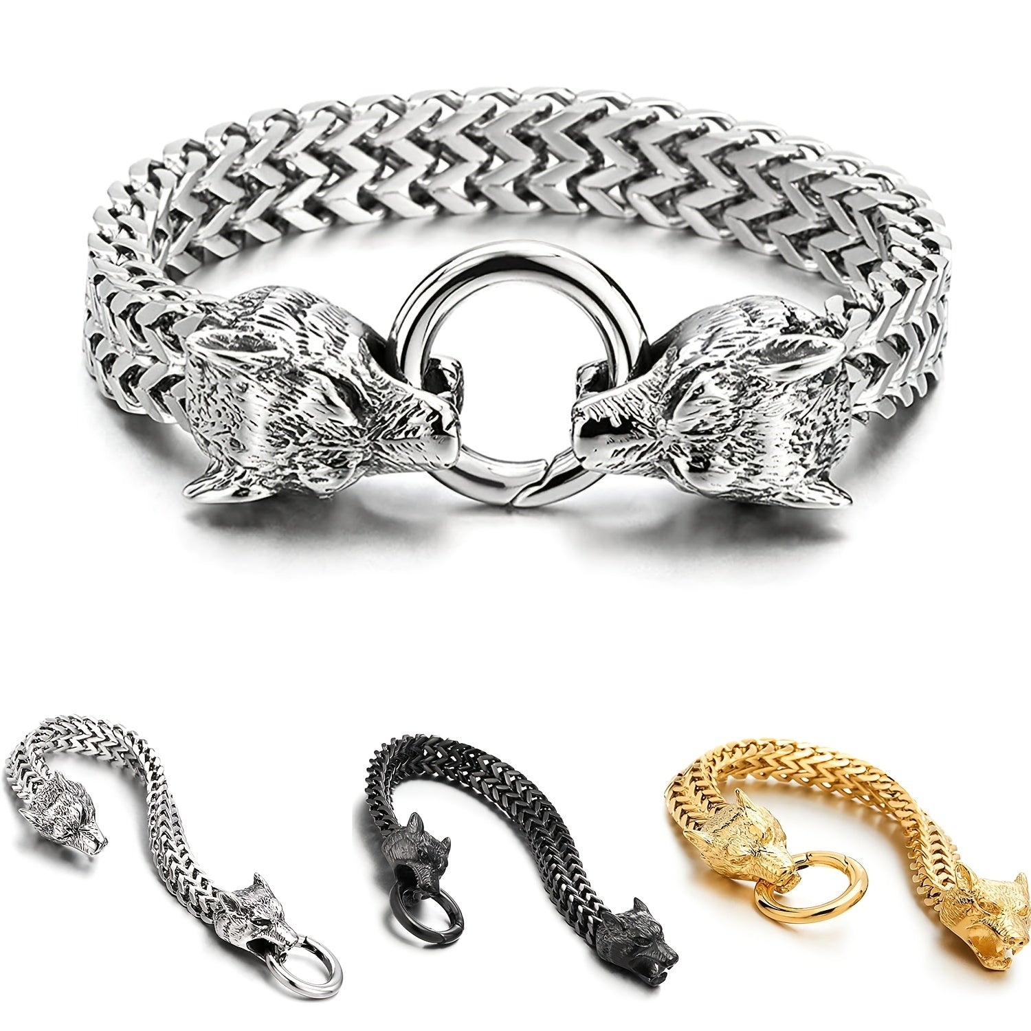 Men's Stainless Steel Wolf Head Bracelet Vintage Personality Viking