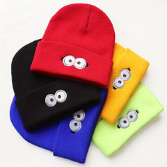 Cartoon Eye Embroidery Beanie Solid Anime Knitted Hat Unisex Lightweight Warm