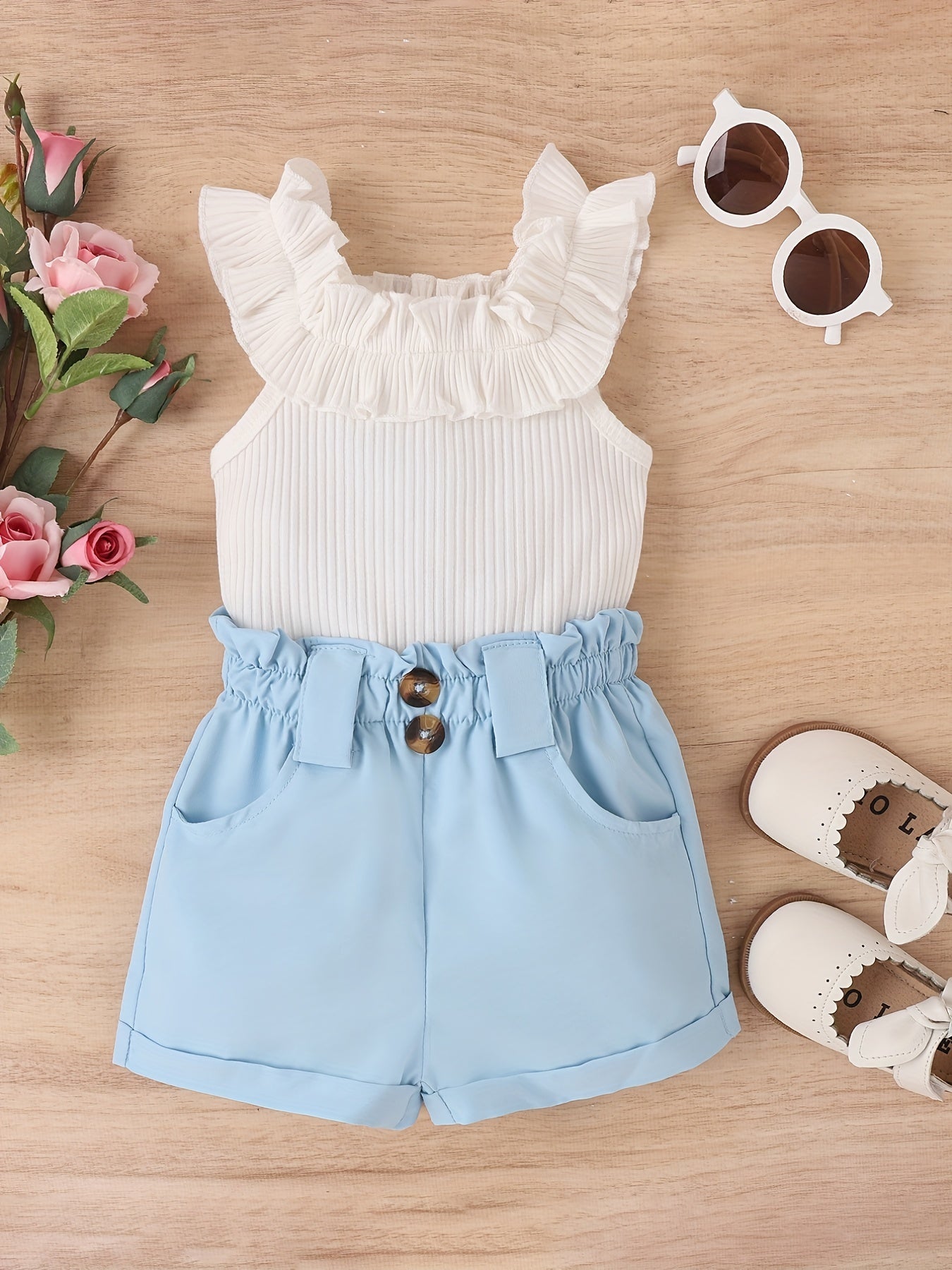 2pcs Baby Girls Ruffle Trim Sleeveless Top & Shorts Set