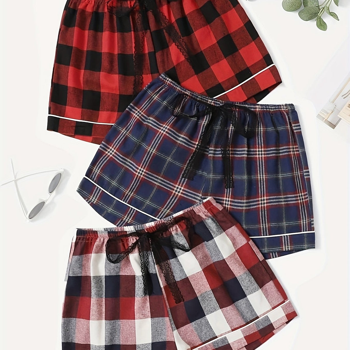 3-Pack Women's Red Plaid Tie Front Sleep Shorts