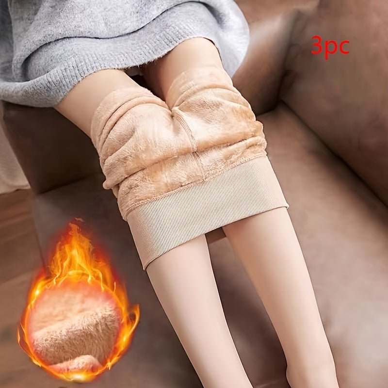 3 Pairs Plush Lined Tights Opaque High Waist Thermal Elastic Leggings