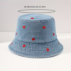 Heart Embroidered Bucket Hat Washed Distressed Denim Fisherman Cap