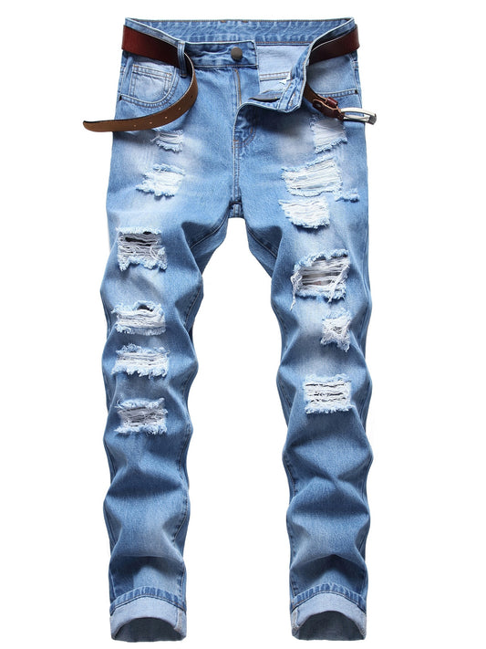 Men's Ripped Slim Fit Jeans Straight Leg Wash Denim Pants