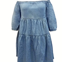  Smock Denim Dress Women Off Shoulder Bubble Sleeve
