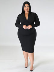  Solid Long Sleeve V Neck Slim Fit Midi Dress Women's Plus