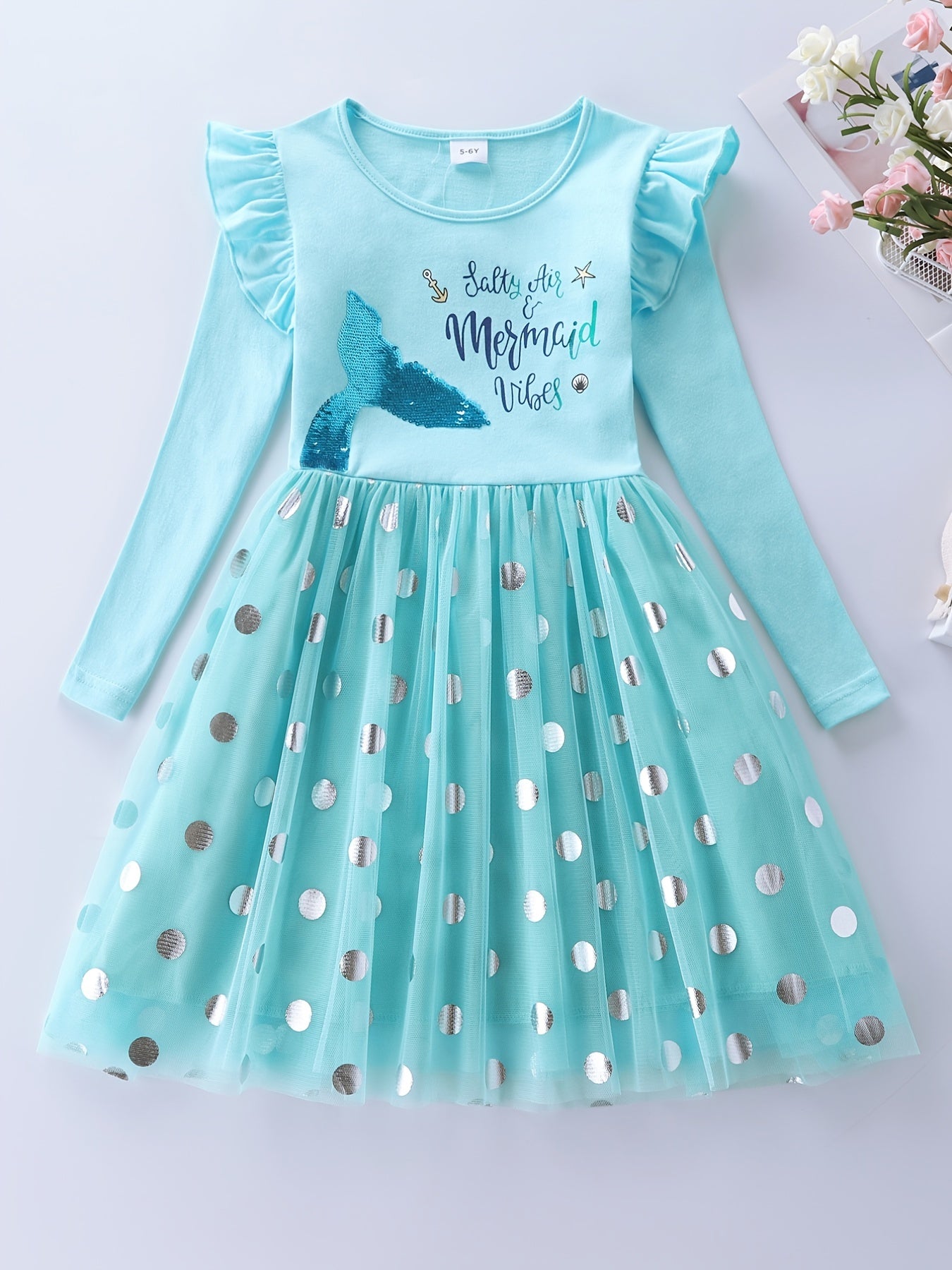Girls Mermaid Embroidered Long Sleeve Mesh Princess Outfit
