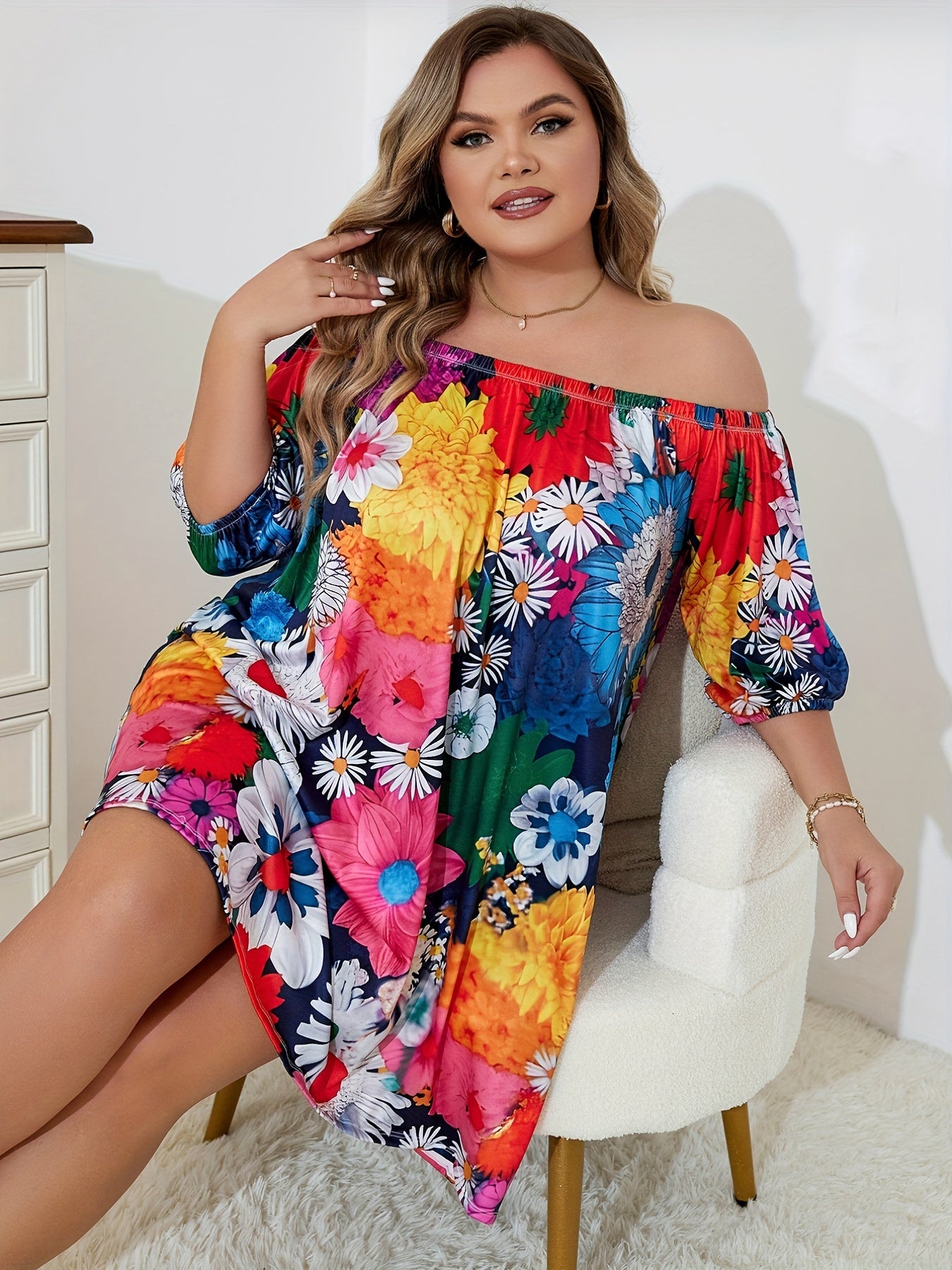 Floral Print Off Shoulder Puff Sleeve Plus Size Lounge Dress