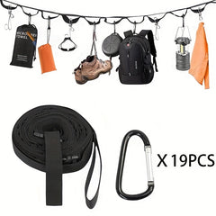 Outdoor Camping Clothesline With 19 Hooks and Mountaineering Buckle