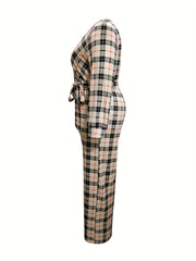  Plaid Print Wide Leg Belted Jumpsuit