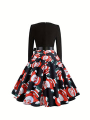  Colorblock Santa Claus Print Round Neck Dress