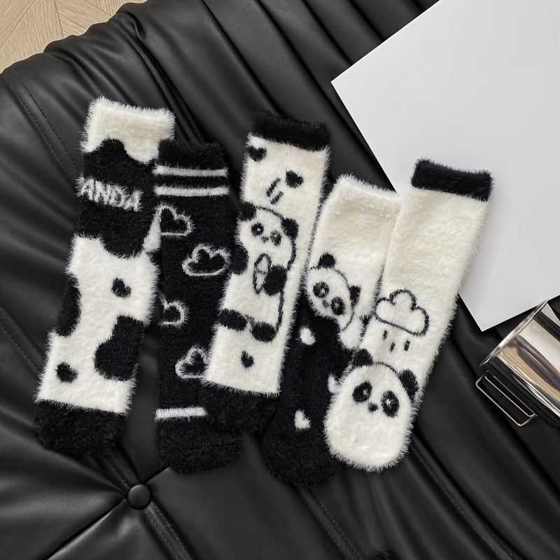 5 Pairs Panda Pattern Plush Socks Soft & Cozy Mid Tube Women's Stockings