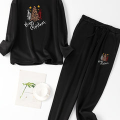 Christmas Loungewear Set Women's Plus Slogan & Tree Print Pajama Set