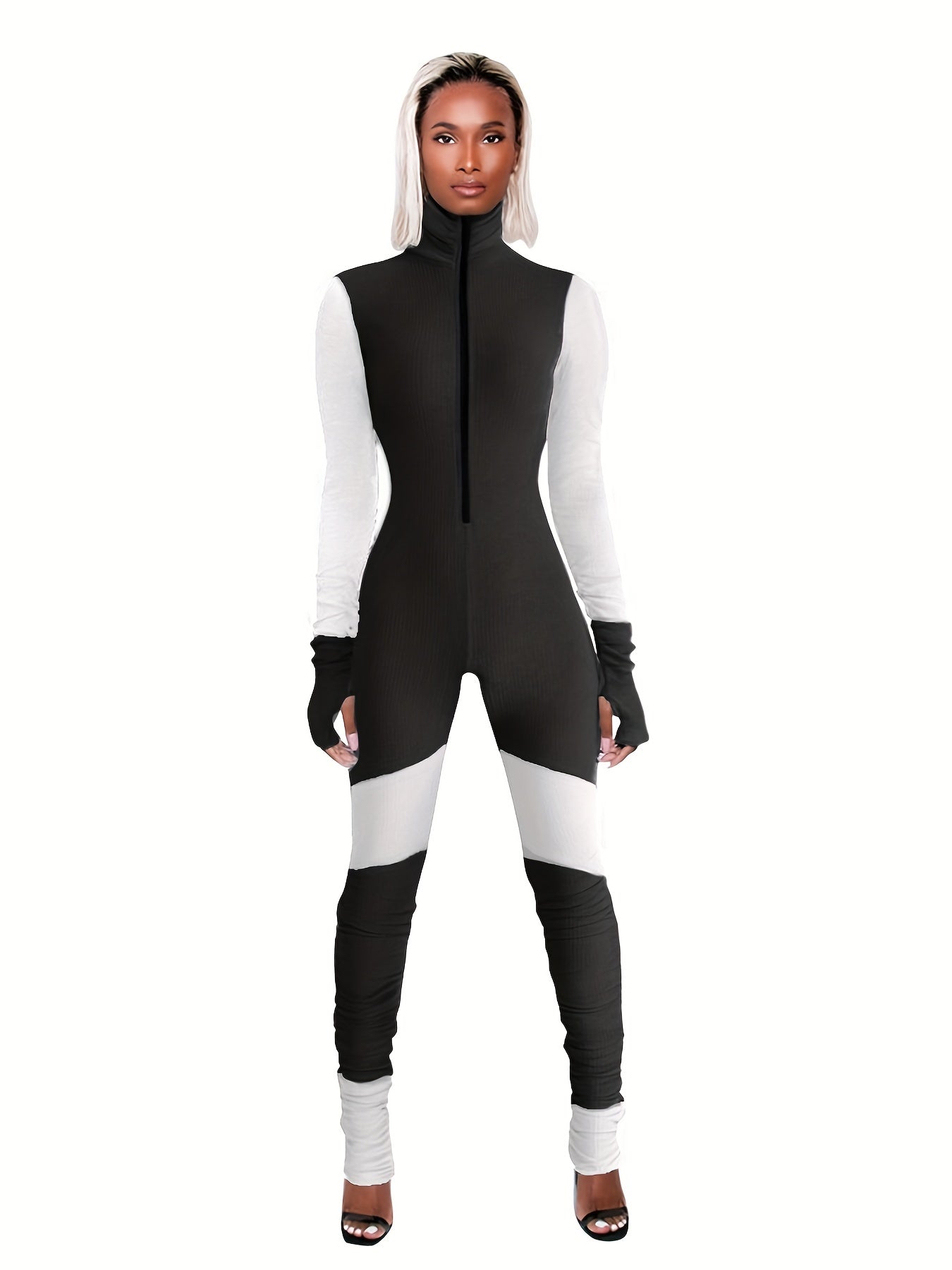 High Neck Zip Up Jumpsuit Long Sleeve Casual