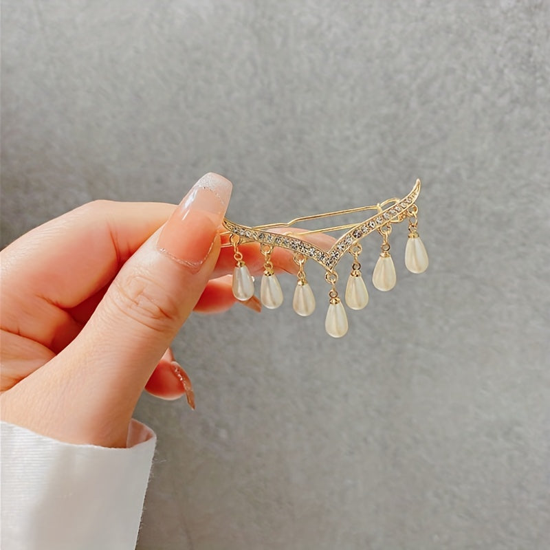 Rhinestone V-shaped Hairpin Pearl Tassel Frog Buckle Hair Accessories