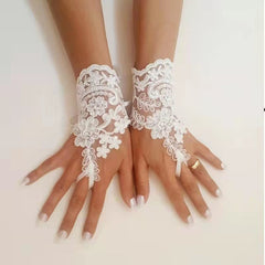 Floral Lace Fingerless Bridal Gloves with Flowers and Bow Accents