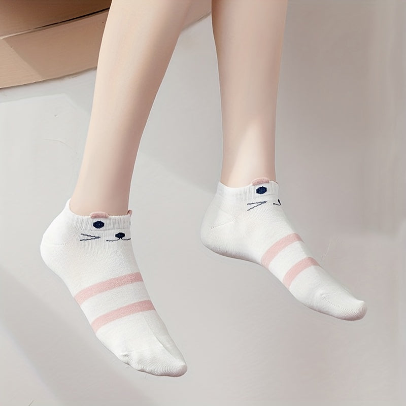 5 Pairs Cat Print Short Socks Breathable Ankle Stockings