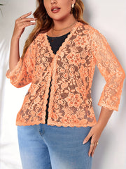 Women's Plus Floral Jacquard Crochet Long Sleeve Cardigan