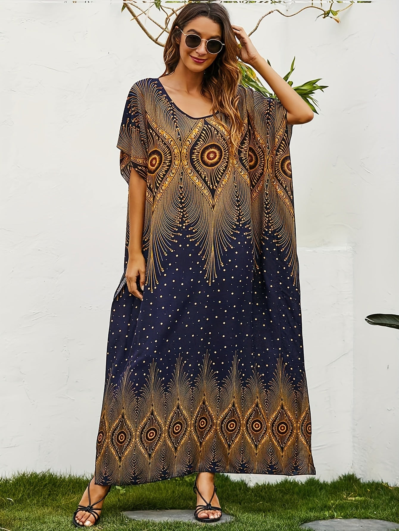  Boho Kaftan Dress Women's Plus Tribal Print Bat Sleeve