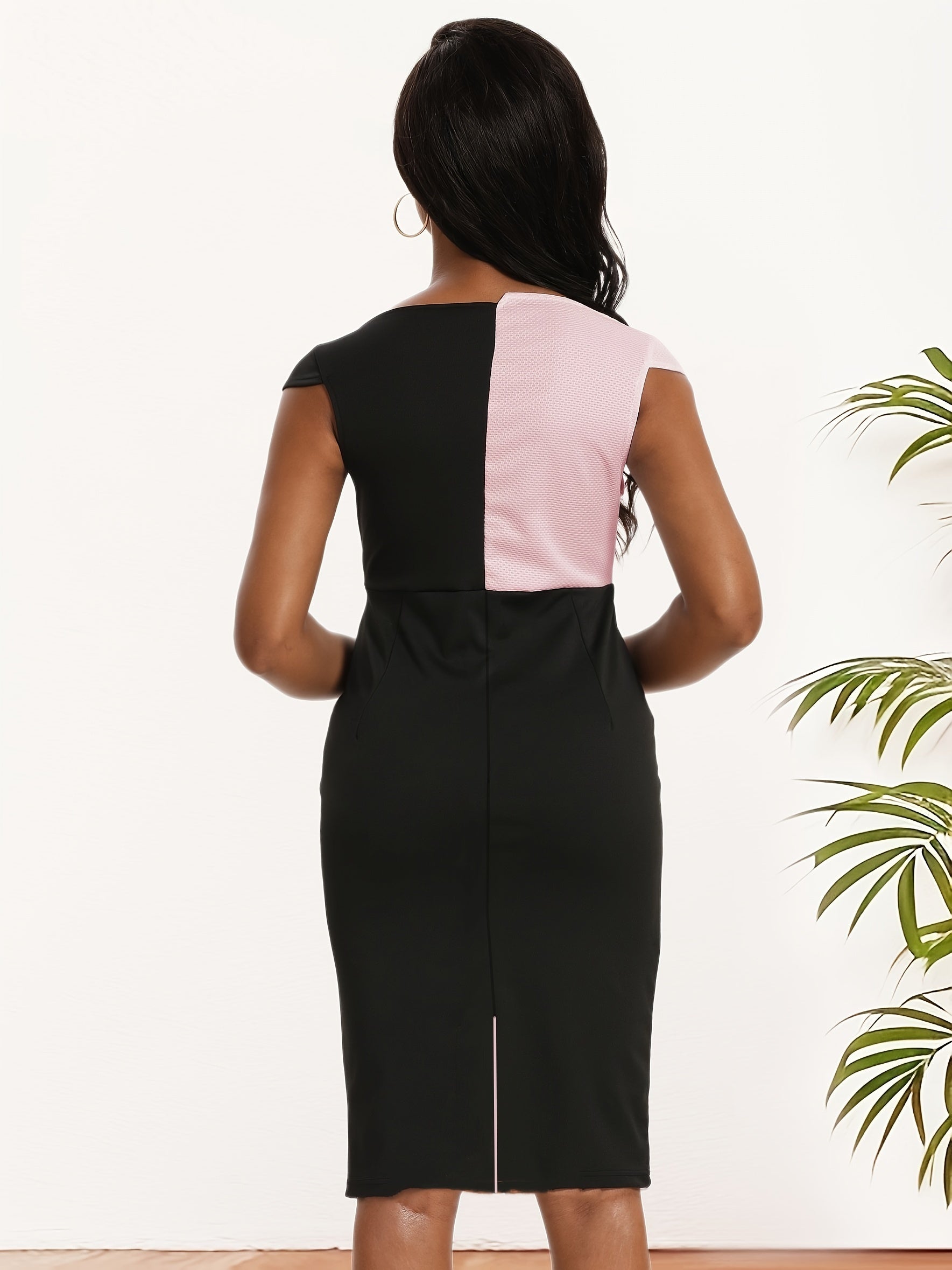  Colorblock Cap Sleeve Bodycon Midi Dress