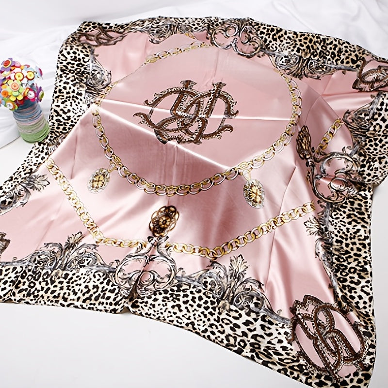 Leopard Print Pink Silk Vintage Square Scarf Large Shawl Women Headwrap
