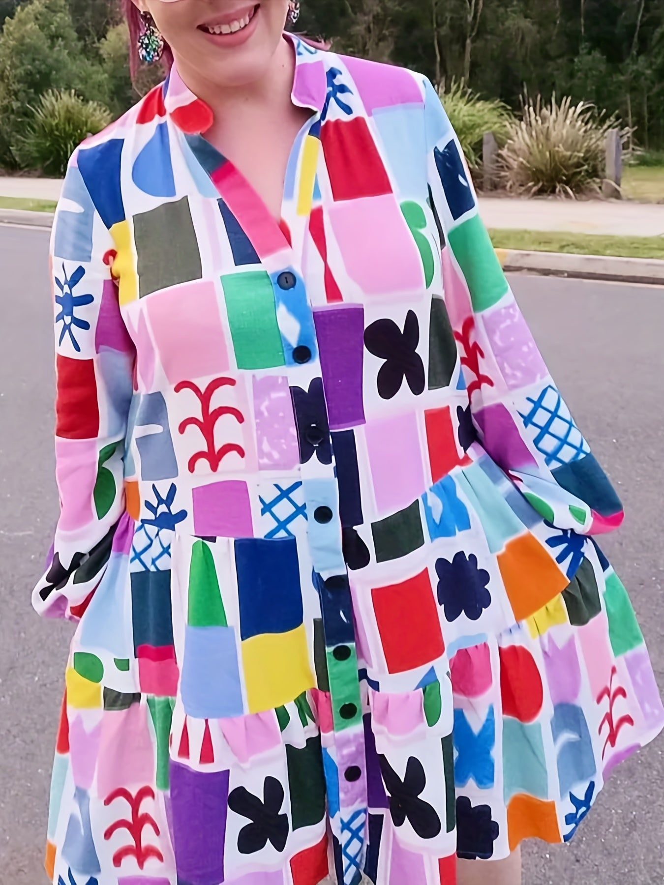  Geometric Print Long Sleeve Babydoll Dress