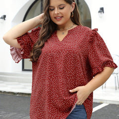  Dot Print Ruffle Trim Short Sleeve V Neck Blouse