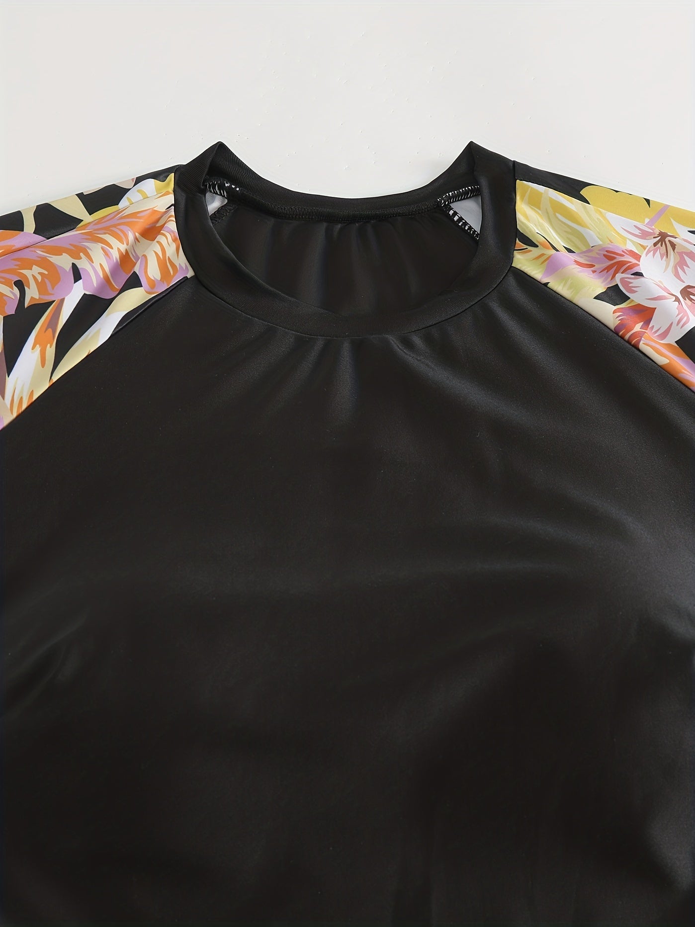  Tropical Print Tankini Set Long Sleeve Crew Neck Top & Panty Swimwear