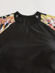  Tropical Print Tankini Set Long Sleeve Crew Neck Top & Panty Swimwear