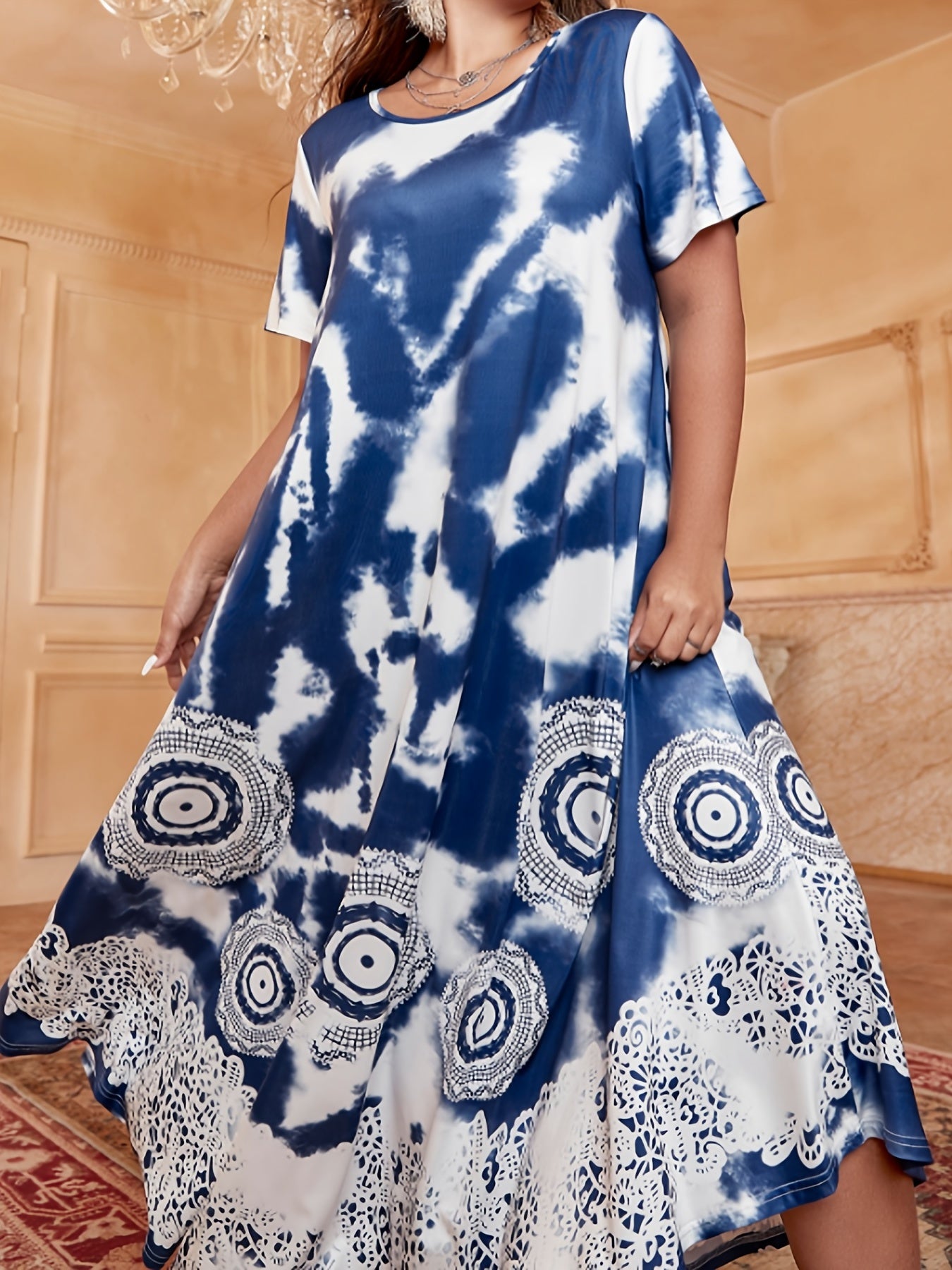  Circle & Lace Print Tie Dye Maxi Jalabiya Dress