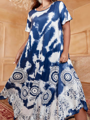  Circle & Lace Print Tie Dye Maxi Jalabiya Dress