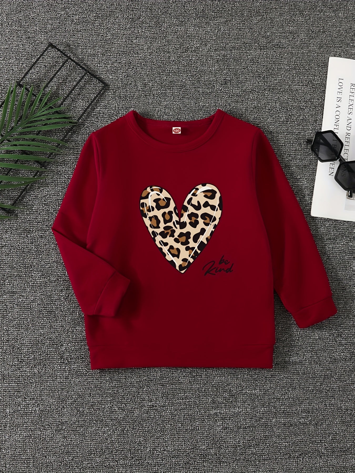Leopard Heart Graphic Round Neck Pullover For Girls