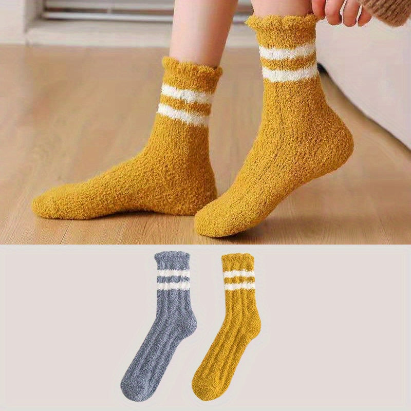 2 Pairs Striped Fuzzy Socks Warm Women's Stockings