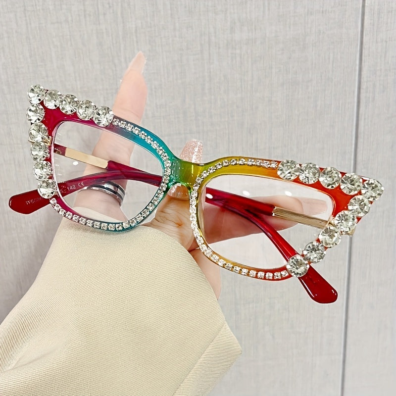Cat Eye Clear Lens Glasses For Women Rhinestone Decor UV400