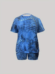  Denim Print Top & Shorts Outfit Set