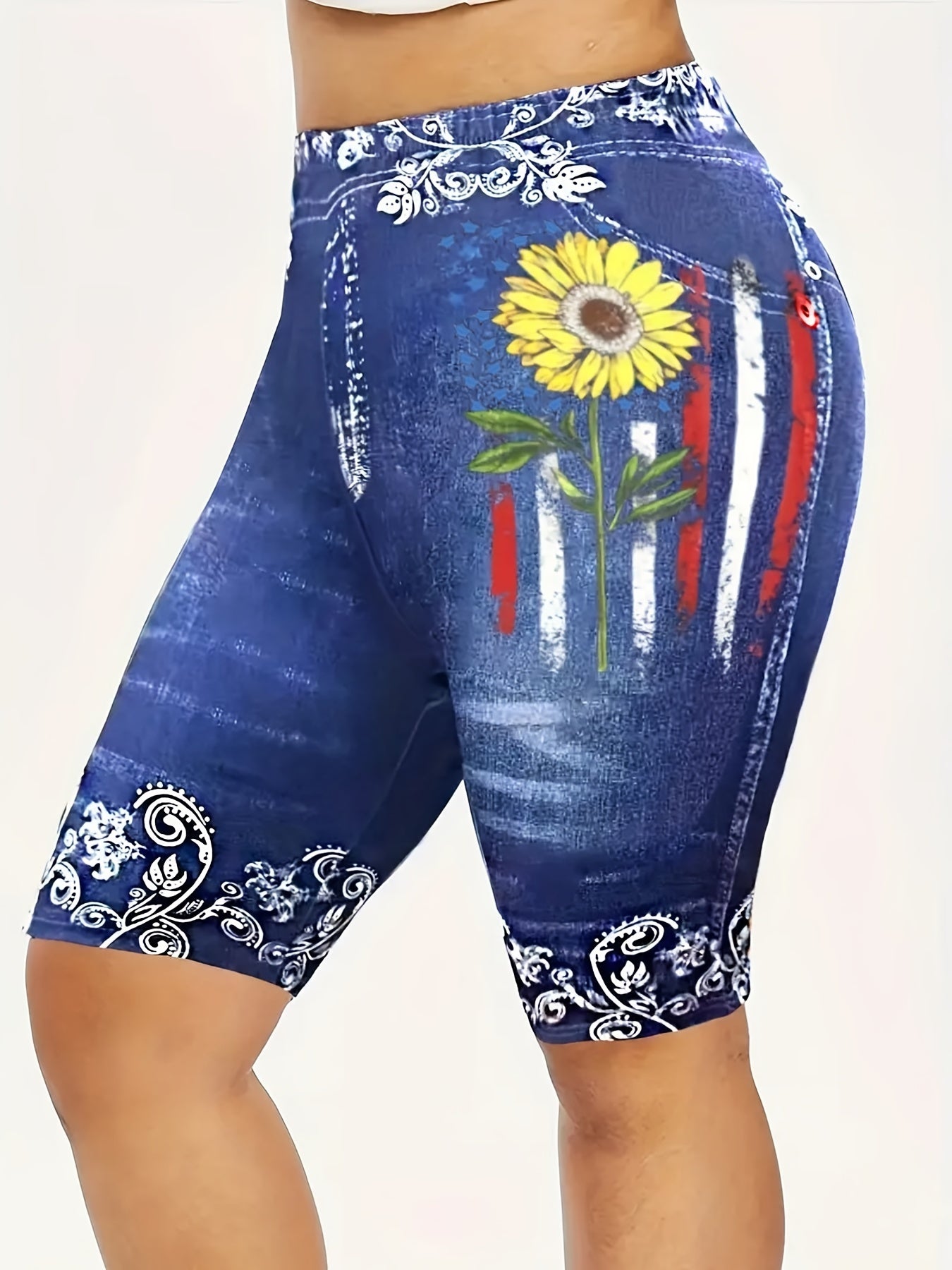  Floral & Skull Print Denim Shorts, Medium Stretch Skinny Fit