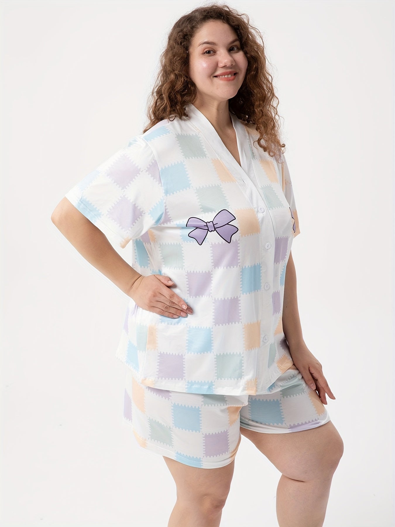  Colorful Plaid & Bow Knot Print Pajama Set
