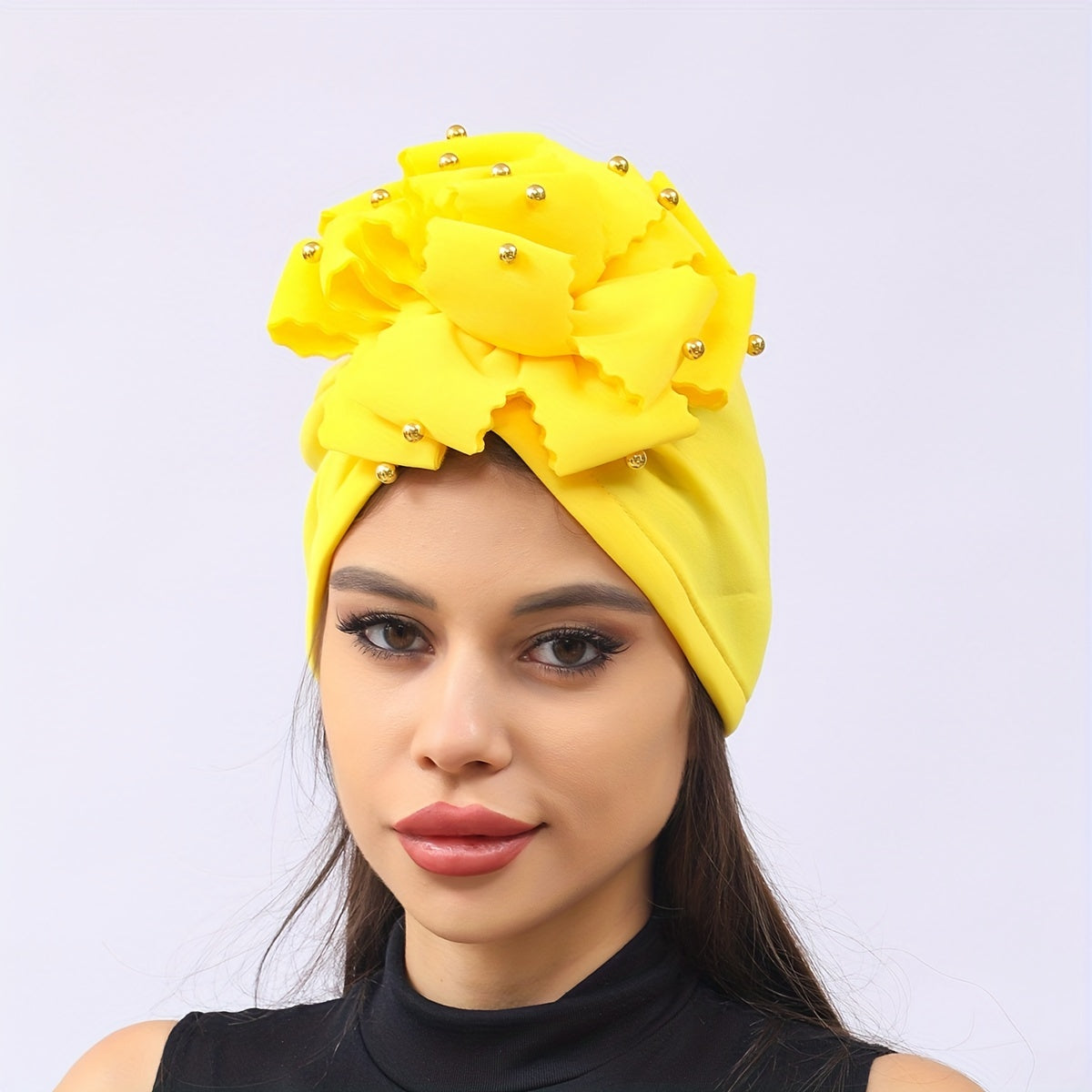 Yellow Flower Turban Cap Casual Head Wrap Breathable Hijab Elastic Chemo Cap