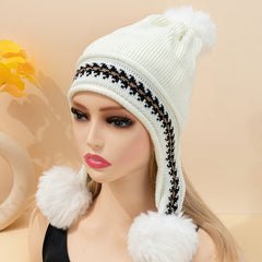 Ladies Printed Fleece Ear Protector Hat with Fur Ball