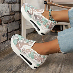 Floral Platform Sneakers Slip On Embroidered Shoes Comfortable Walking