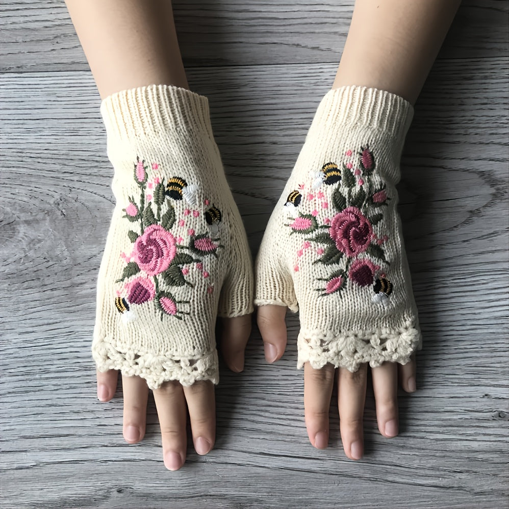Women's Flower Knit Fingerless Gloves