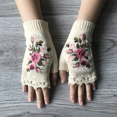 Women's Flower Knit Fingerless Gloves