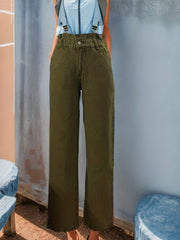 Green Paperbag Waist Straight Jeans High Waist Non Stretch Casual Denim Pants