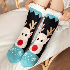 Christmas Elk Pattern Socks Warm Plush Lined Home Socks Women's Stockings