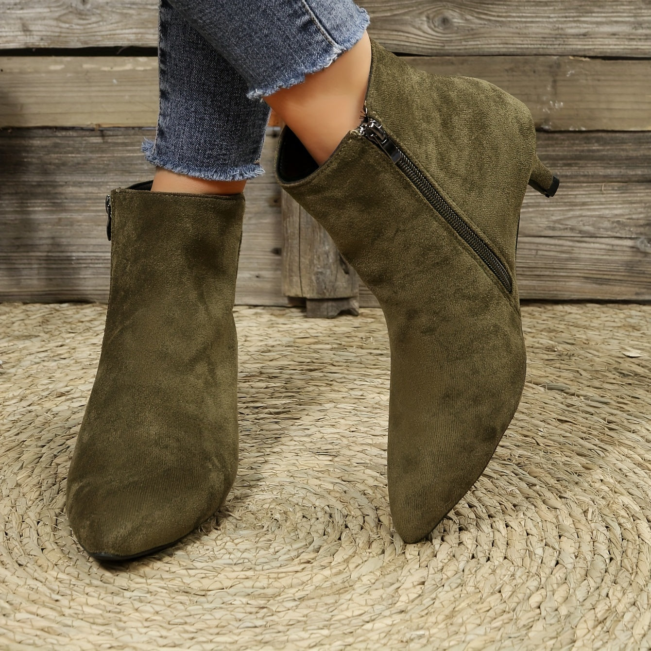 Women's Kitten Heel Ankle Boots Side Zipper Solid Point Toe Short Boots