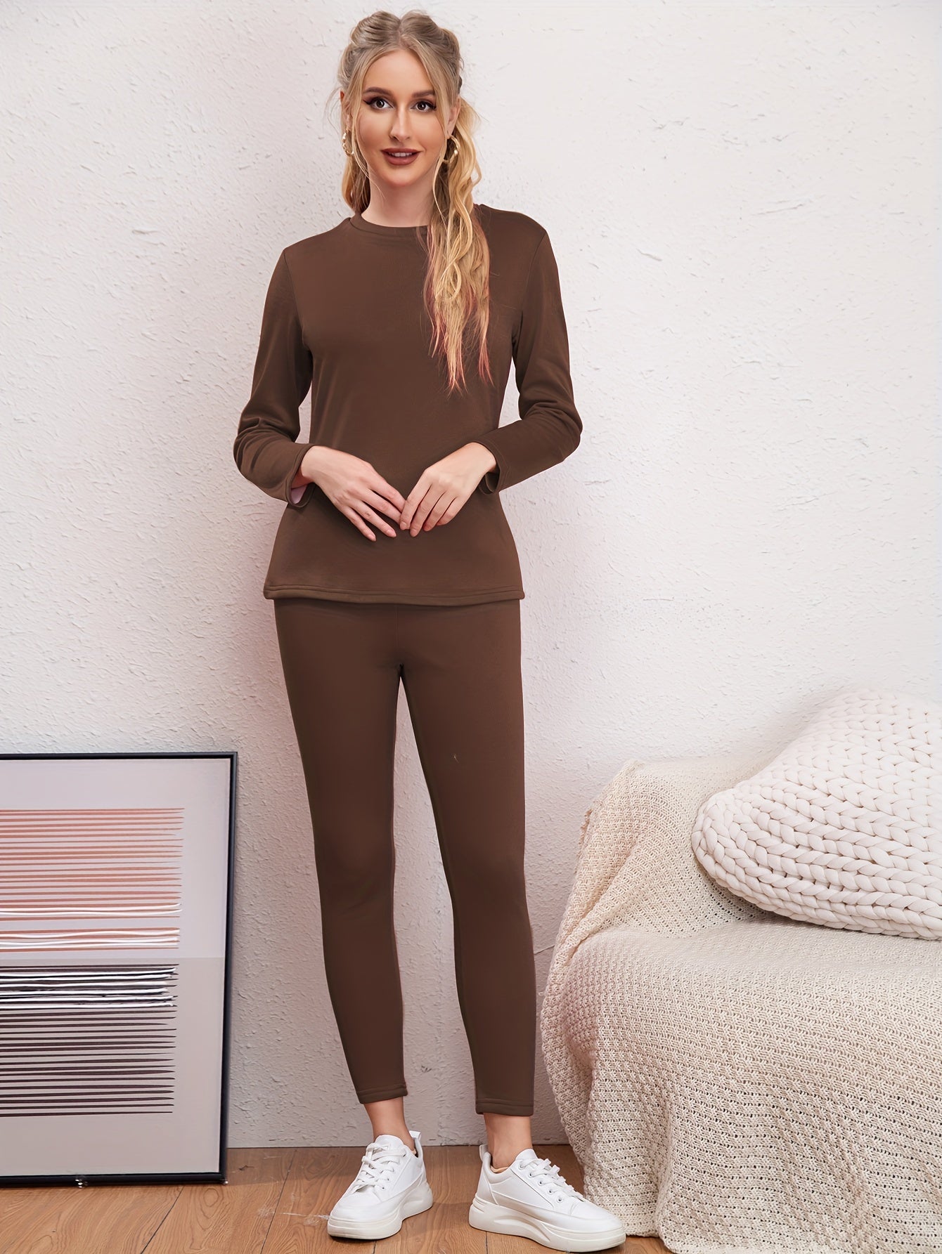 2Pcs Solid Thermal Underwear Set for Women